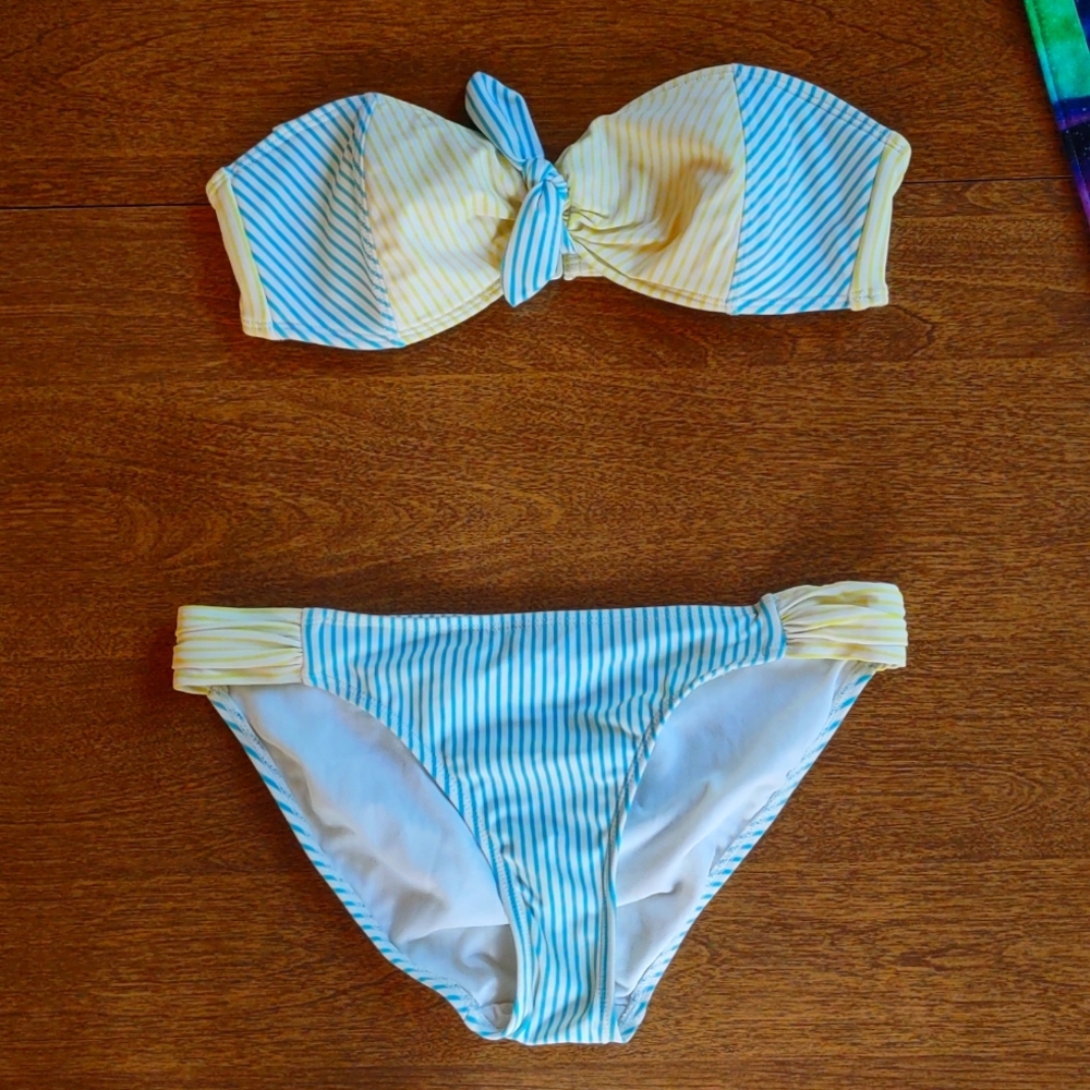 Blue and yellow striped bikini set